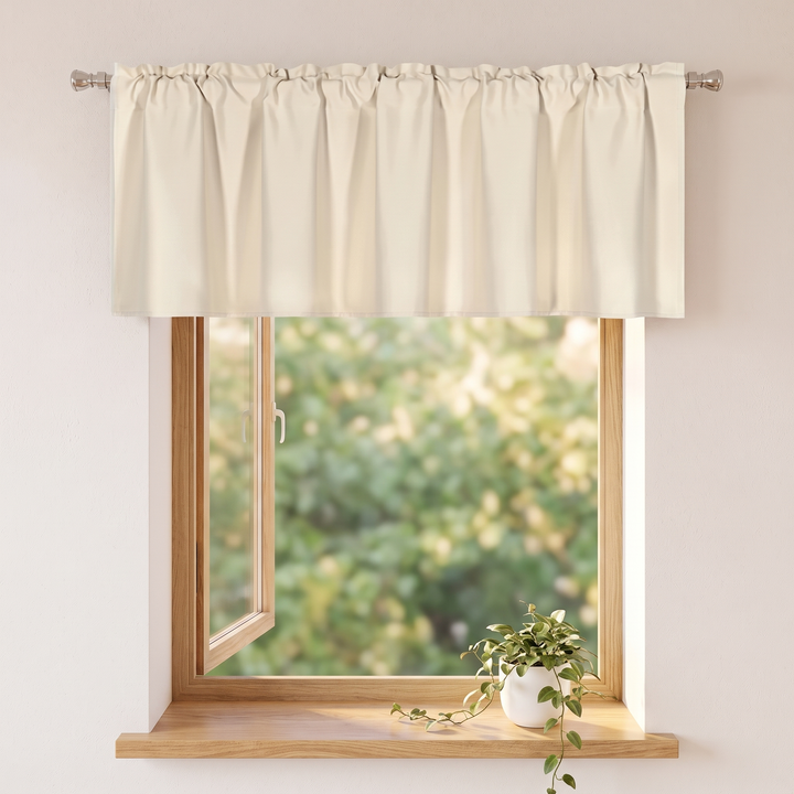 Window Valance – Rod Pocket Top in Cream – over wood-framed window with potted plant on sill