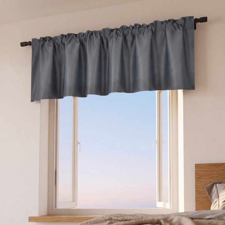 Window Valance – Rod Pocket Top in Dark Gray – above casement window with pastel sky and bed corner