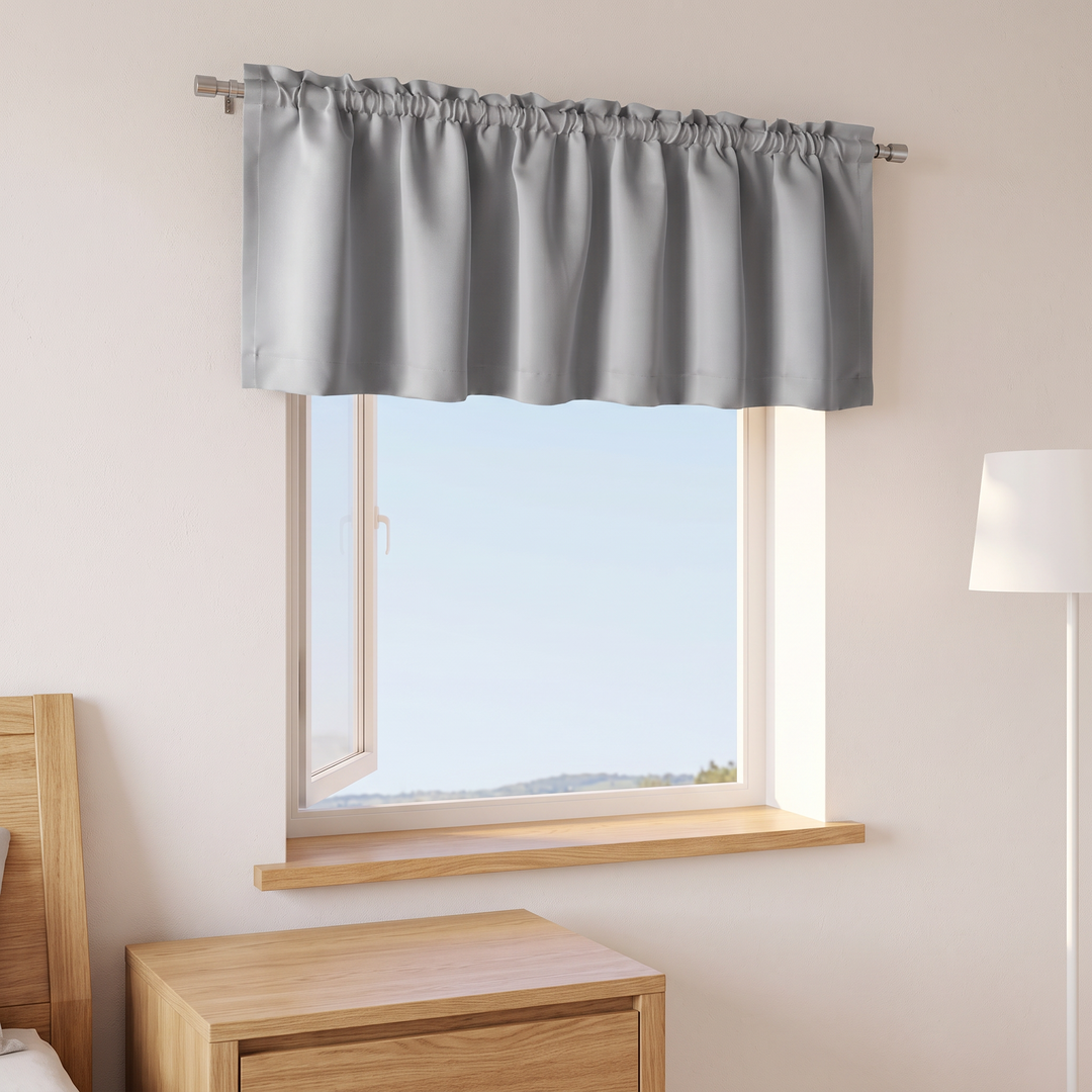 Window Valance – Rod Pocket Top in Gray – in a bedroom beside a wooden nightstand and floor lamp