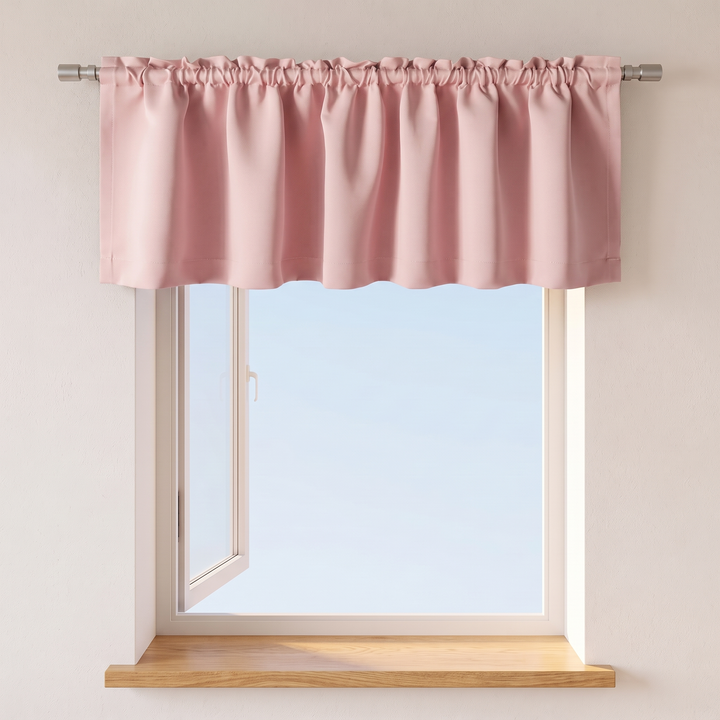 Window Valance – Rod Pocket Top in Light Pink – on a silver rod above an oak window ledge