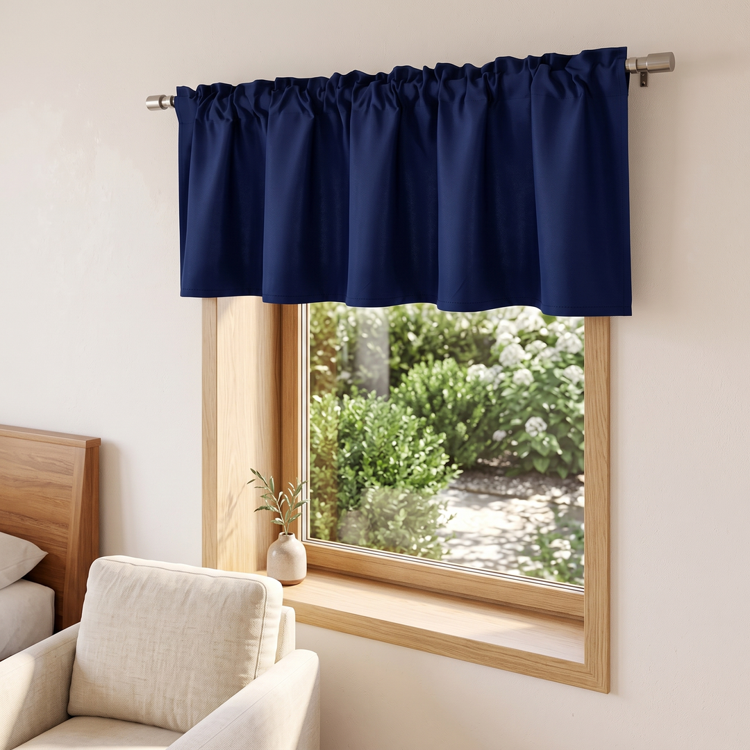 Window Valance – Rod Pocket Top in Midnight Blue – above window overlooking hydrangea garden, cream armchair in foreground