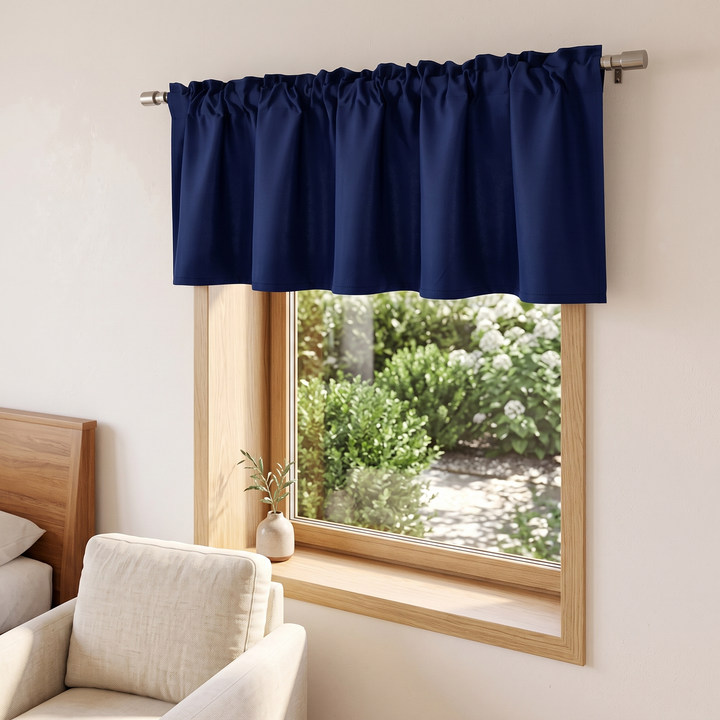 Window Valance – Rod Pocket Top in Midnight Blue – above window overlooking hydrangea garden, cream armchair in foreground