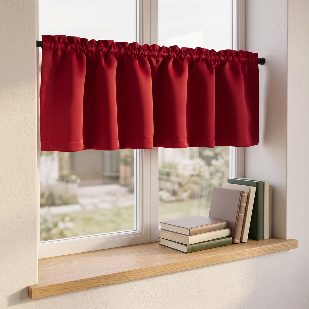 Window Valance – Rod Pocket Top in Red – angled side view above stacked books on a wooden windowsill