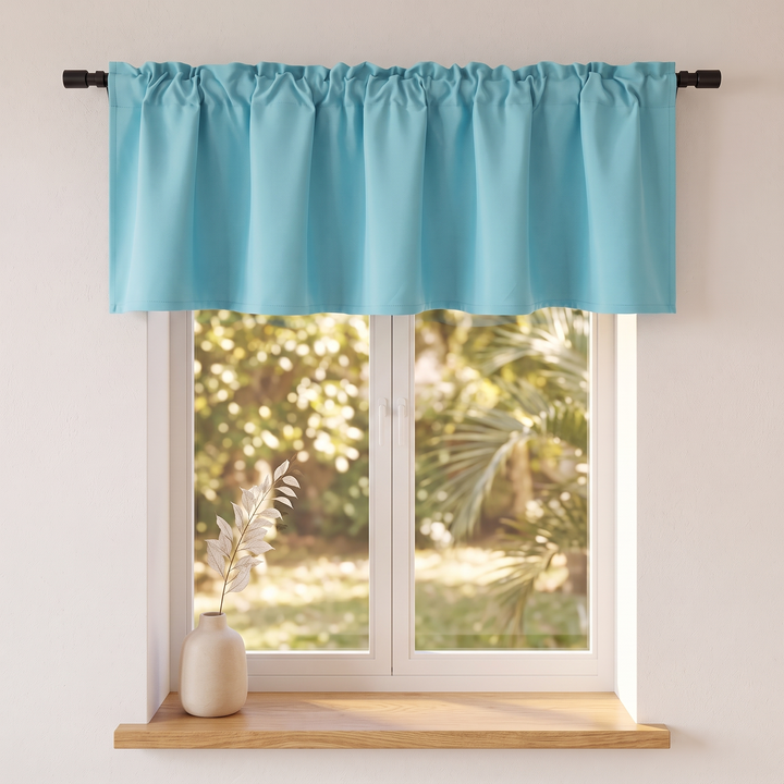 Window Valance – Rod Pocket Top in Turquoise – above a closed window framing sunlit palm fronds outdoors