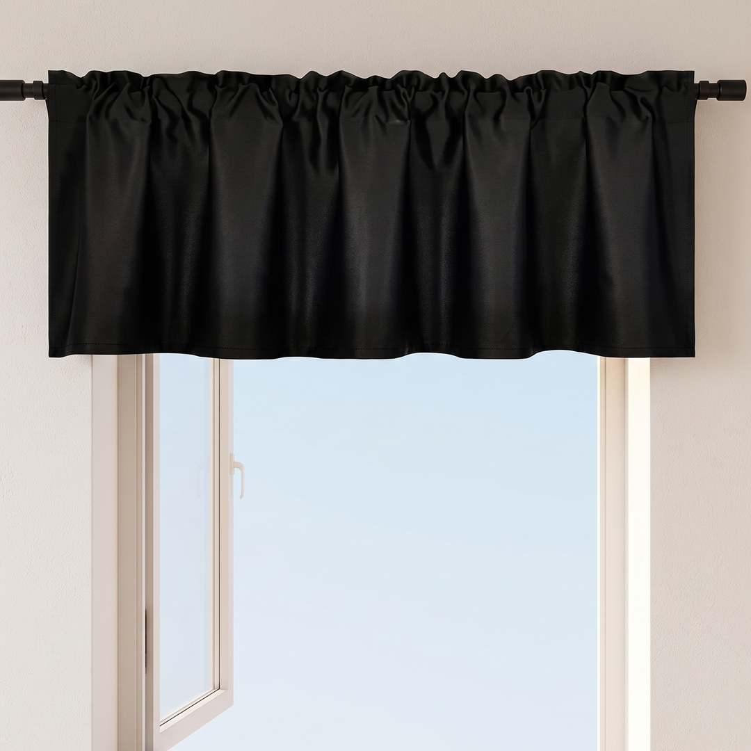 Window Valance – Rod Pocket Top in Black – hung on a black rod above an open window