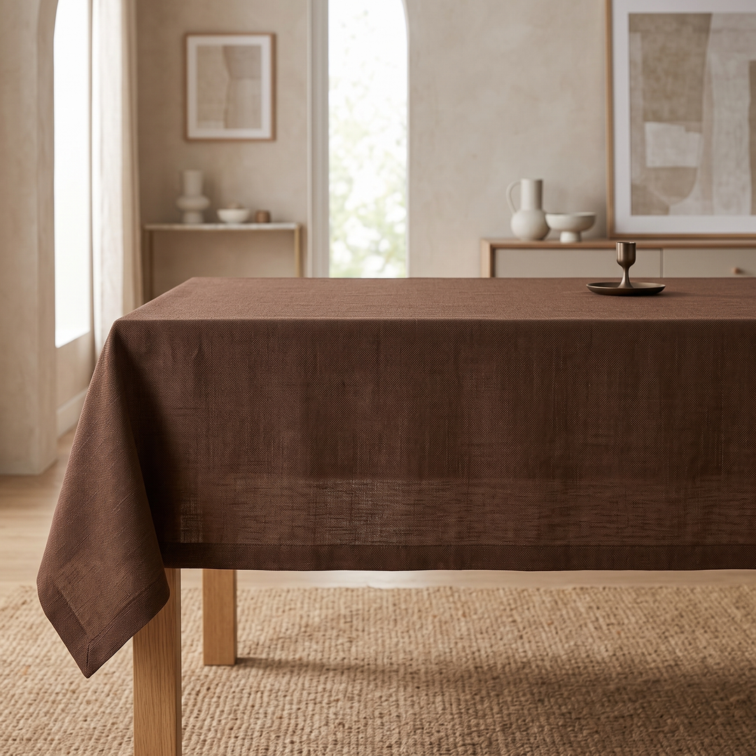 Wipeable Tablecloth – Linen Look in Dark Brown – on an oak table over a jute rug, arched window behind