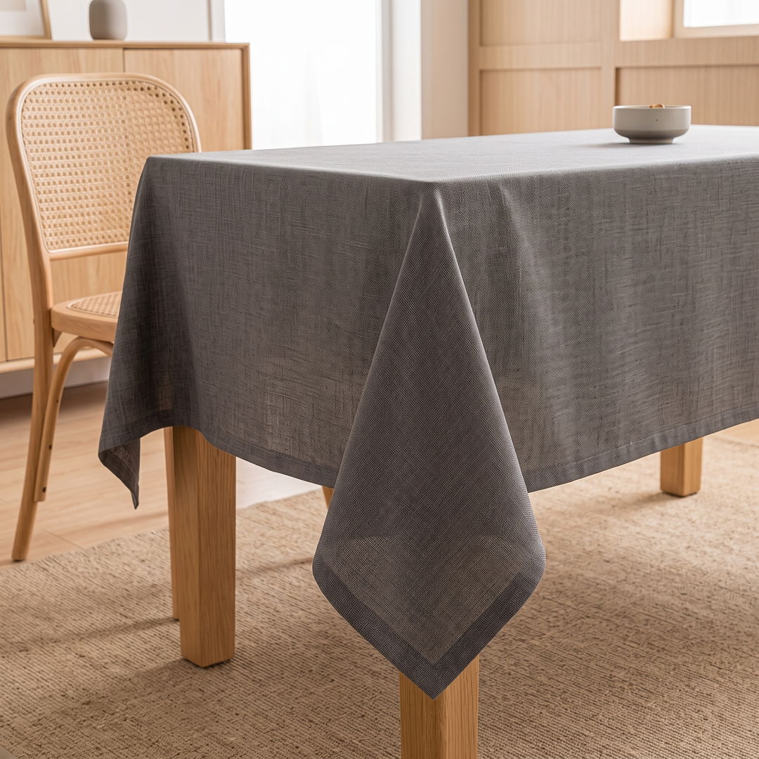 Wipeable Tablecloth – Linen Look in Dark Gray – hanging corner with hemmed border beside table leg, small bowl on top