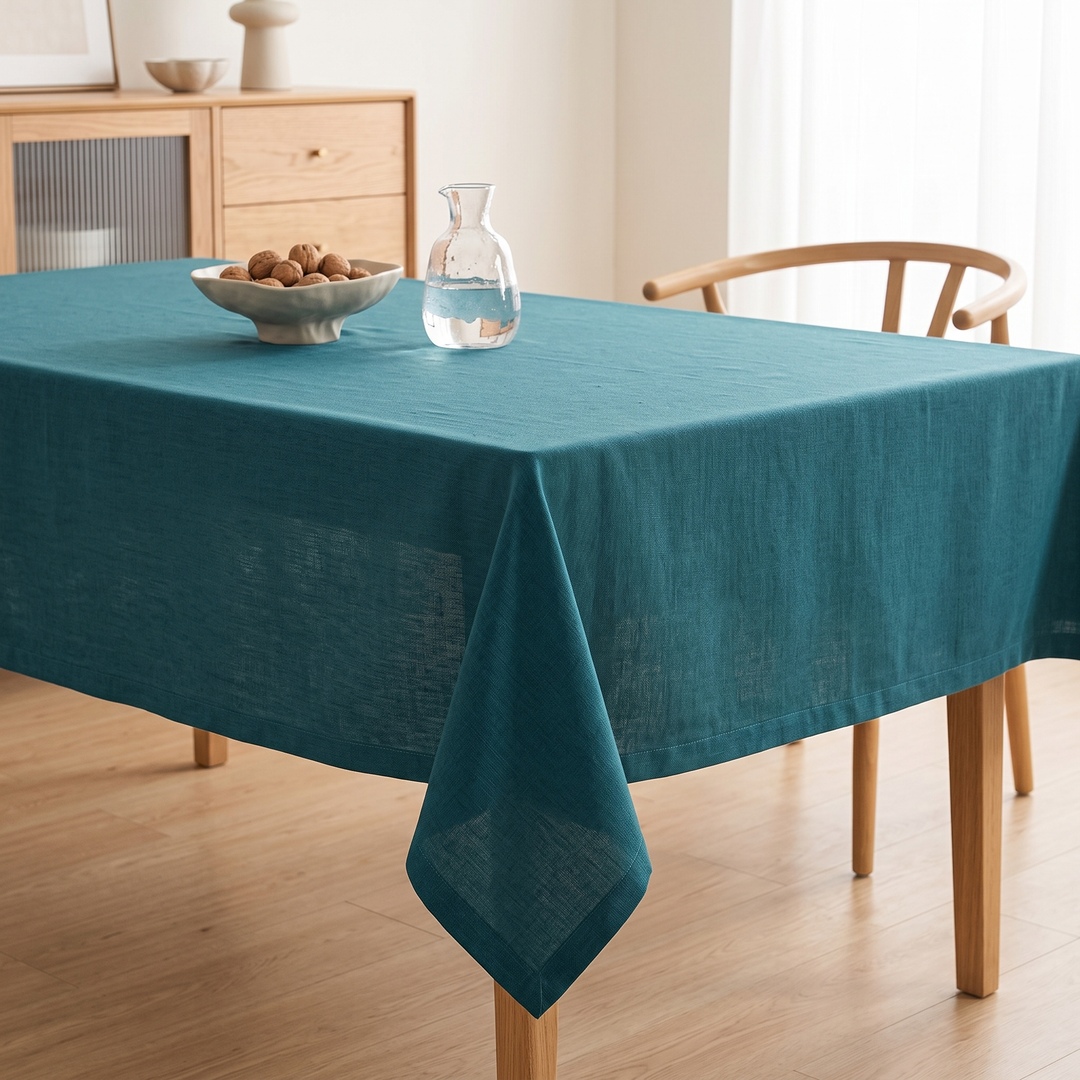 Wipeable Tablecloth – Linen Look in Dark Teal – styled with walnut bowl and glass carafe by a sideboard