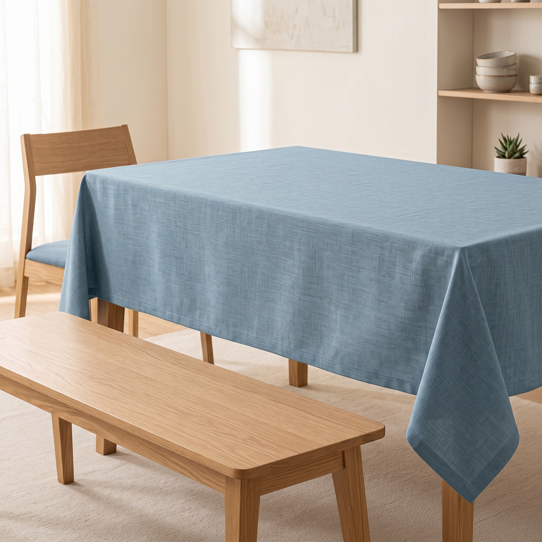 Wipeable Tablecloth – Linen Look in Dusty Blue – on a dining table with a wooden bench and shelves
