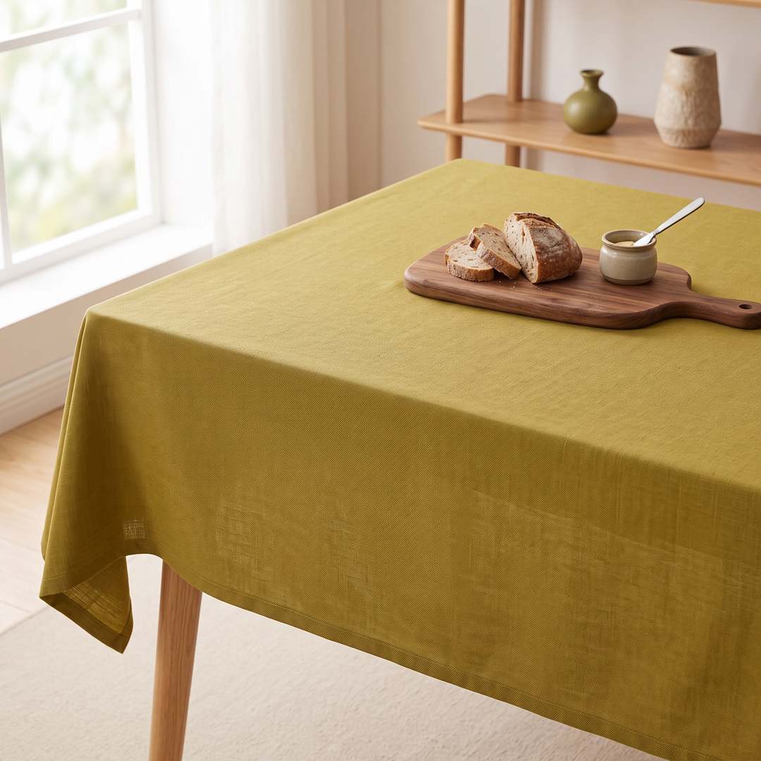 Wipeable Tablecloth – Linen Look in Ochre – on a table with a bread board, sliced loaf and small jar