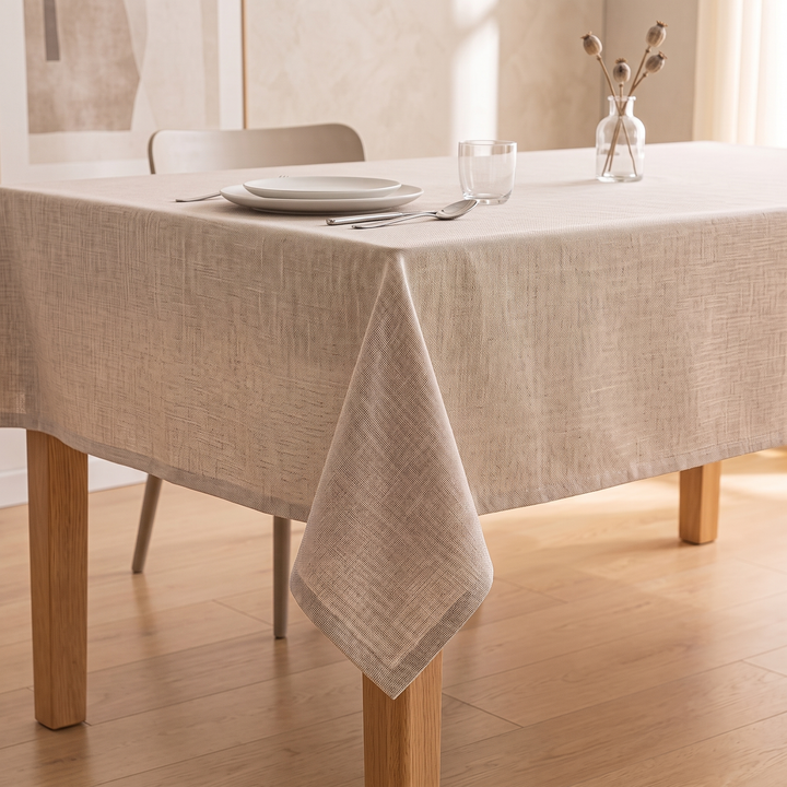 Wipeable Tablecloth – Linen Look in Taupe – angled corner view with plates, glass and spoons set on top