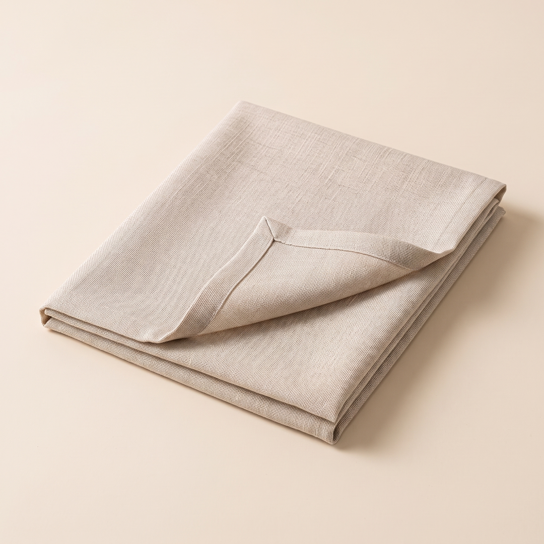 Wipeable Tablecloth – Linen Look in Beige – folded neatly with one corner turned back, plain studio background