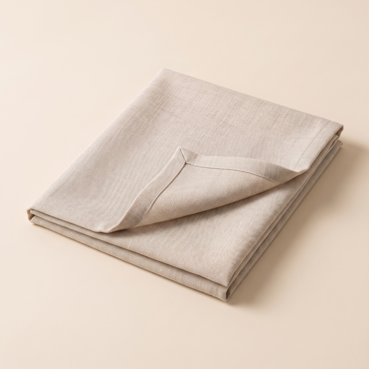 Wipeable Tablecloth – Linen Look in Beige – folded neatly with one corner turned back, plain studio background