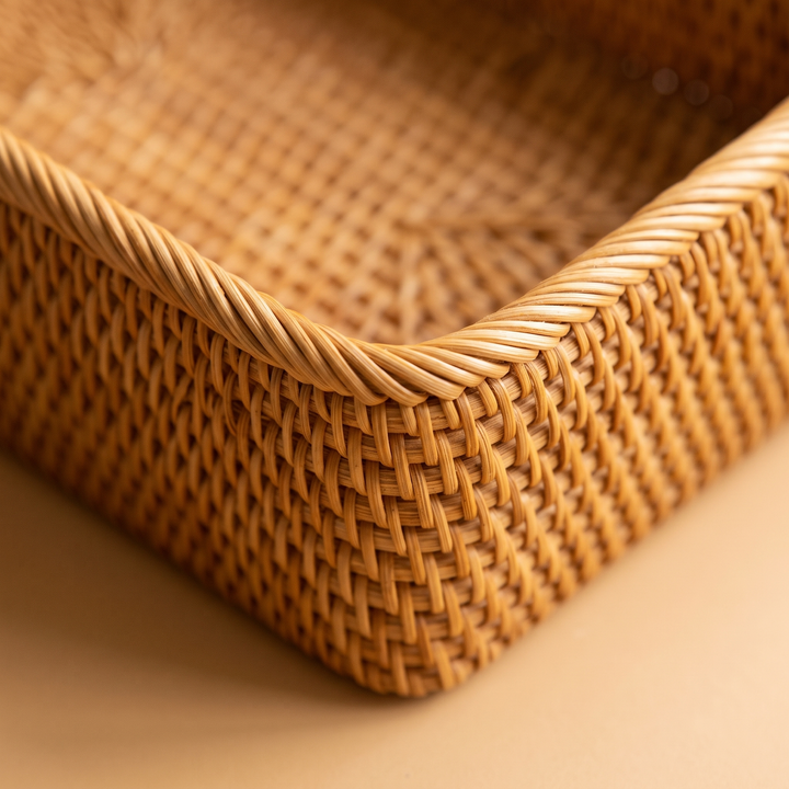 Woven Basket – Low Rectangular in Caramel – close-up of the woven corner and twisted rim