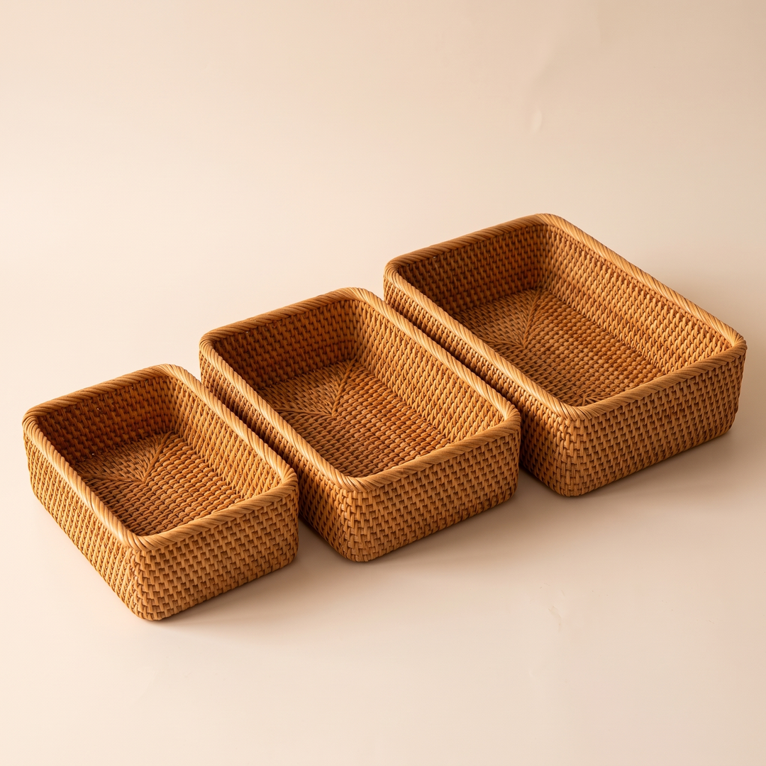 Woven Basket – Low Rectangular in Caramel – three sizes arranged side by side in a staggered row