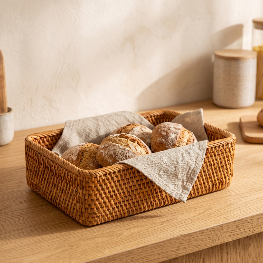 Woven Basket – Low Rectangular in Caramel – holding bread rolls with linen napkins on a wooden kitchen counter