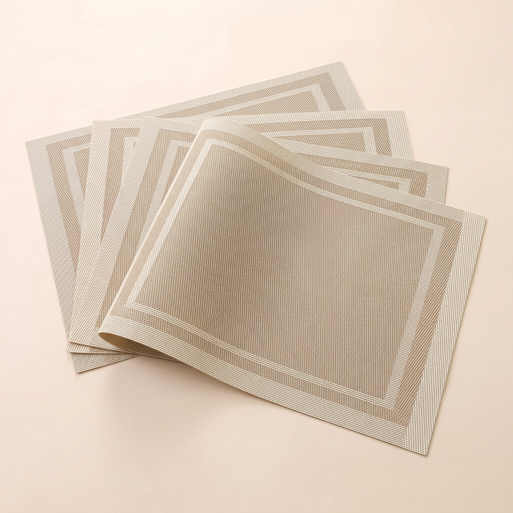 Woven Placemats – Wipe Clean in Beige – Frame – one placemat with curled edge lifted above staggered stack