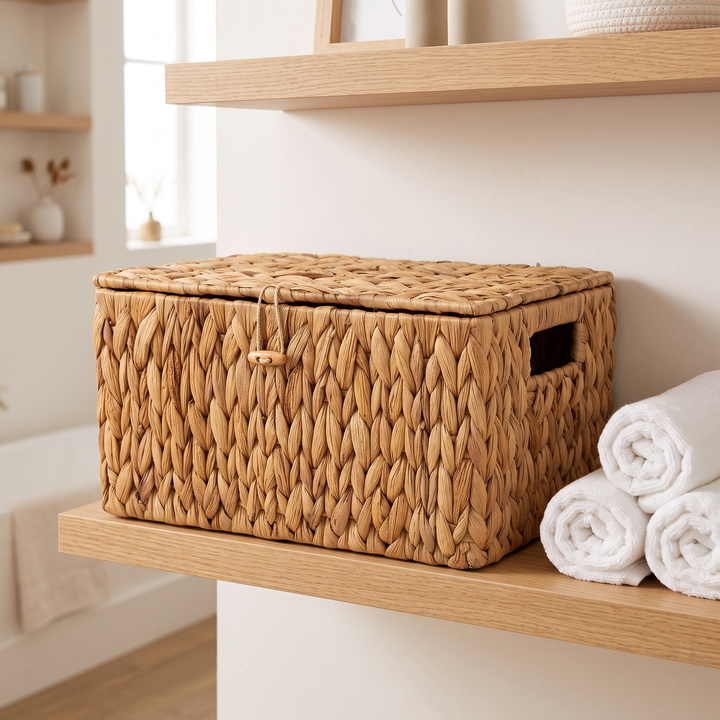 Woven Storage Basket with Lid in Brown – on an oak shelf beside rolled white towels