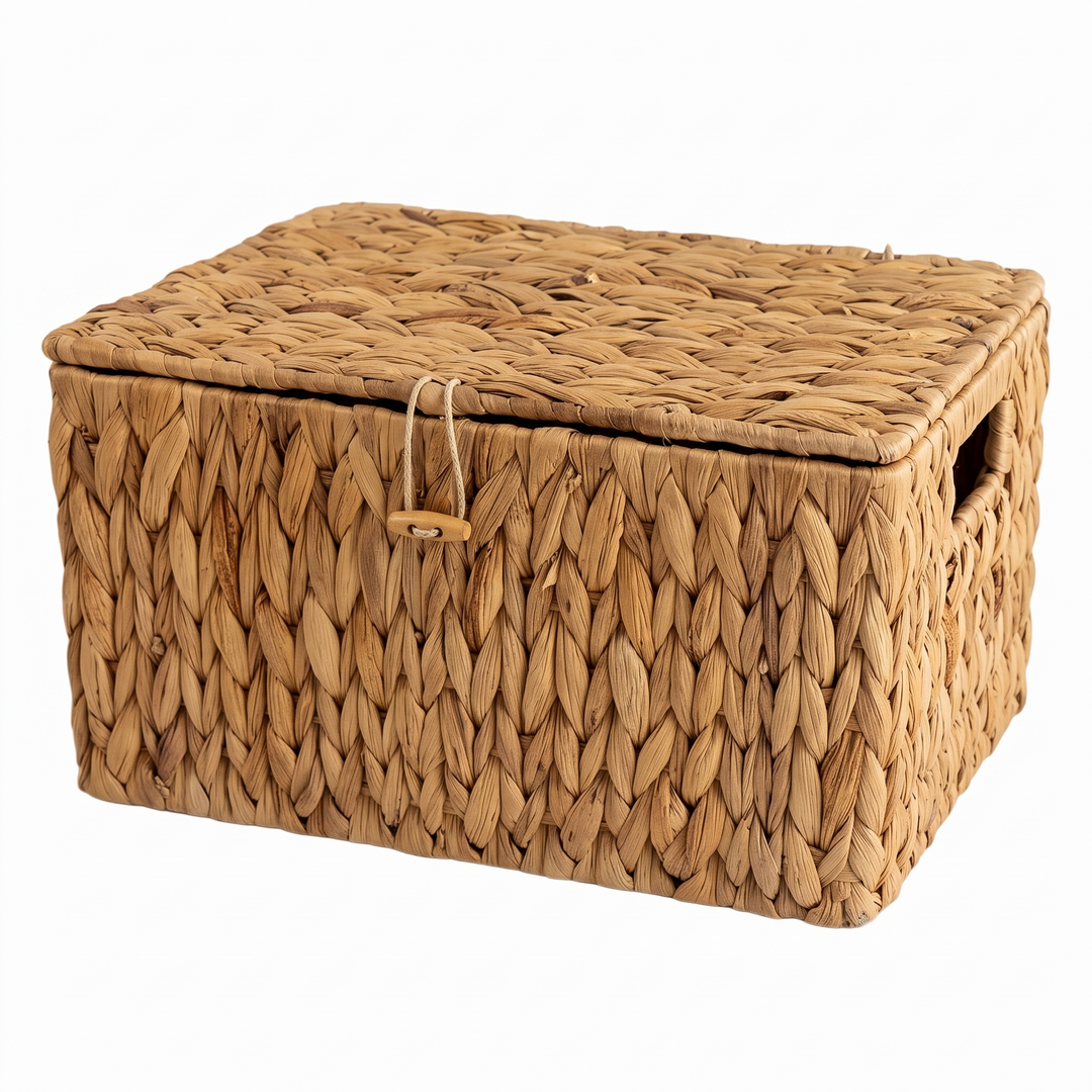 Woven Storage Basket with Lid in Brown – closed lid, angled front view on a white background