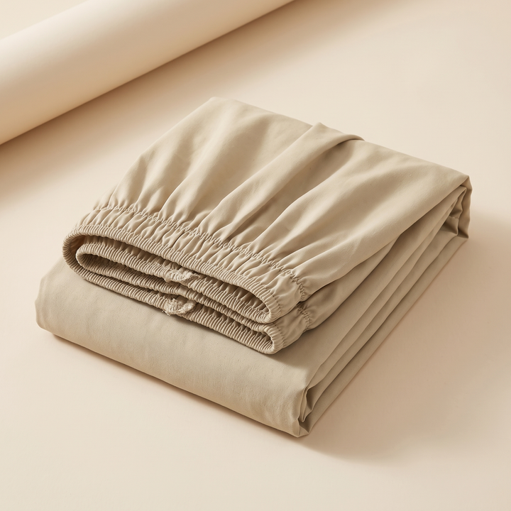 Wrap-Around Ruffled Bed Skirt in Beige – folded neatly with elastic edge on top, on a plain cream surface