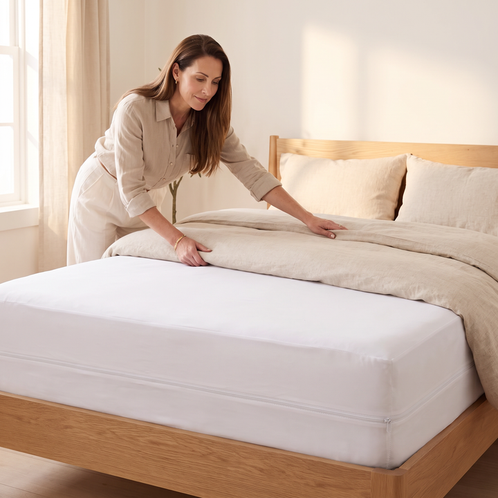 Waterproof Mattress Protector – Zippered Encasement in White – woman smoothing duvet over encased mattress in sunlit room