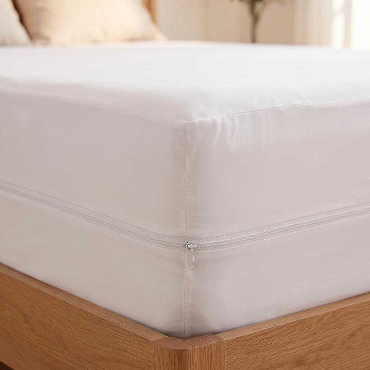 Waterproof Mattress Protector – Zippered Encasement in White – close-up of the zipper along a mattress corner