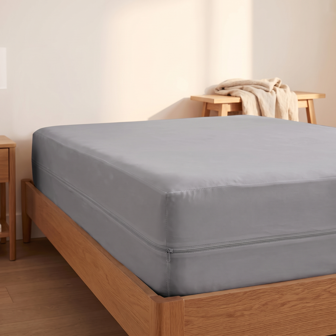 Waterproof Mattress Protector – Zippered Encasement in Gray – angled corner view of bare mattress in sunlit bedroom