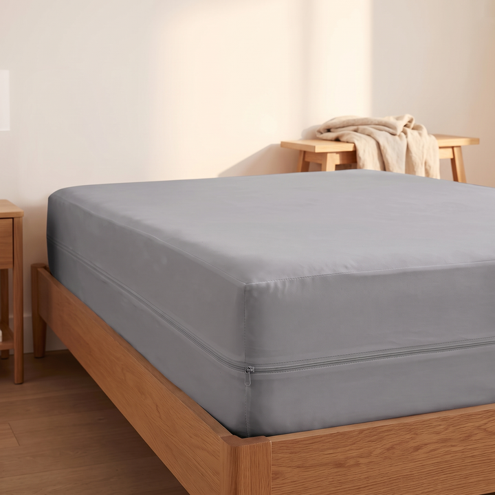 Waterproof Mattress Protector – Zippered Encasement in Gray – angled corner view of bare mattress in sunlit bedroom
