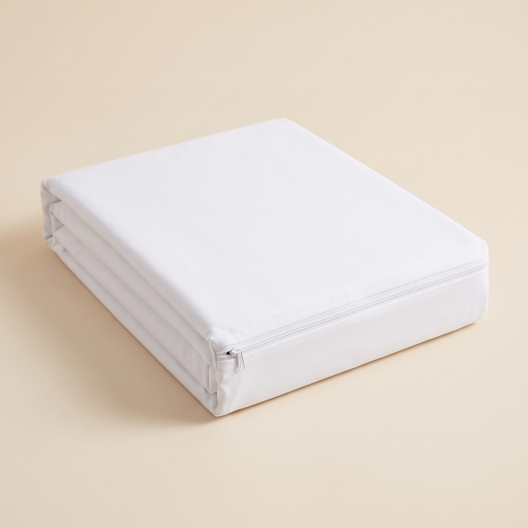 Waterproof Mattress Protector – Zippered Encasement in White – folded into a neat stack on a plain beige background